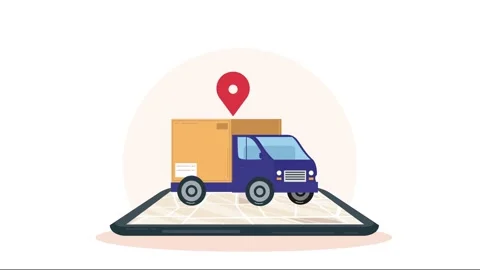 Animation of delivery van on tablet screen showing navigation map with loca.. 스톡 동영상 338425316