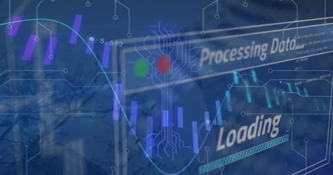 Animation depicts data processing with a global city backdrop, highlighting tech Stock Footage 327847670