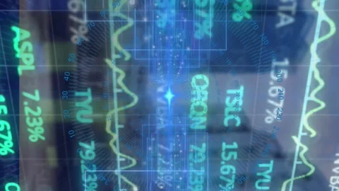 Animation depicts global data processing and finance with binary codes and city Stock Footage 312548146
