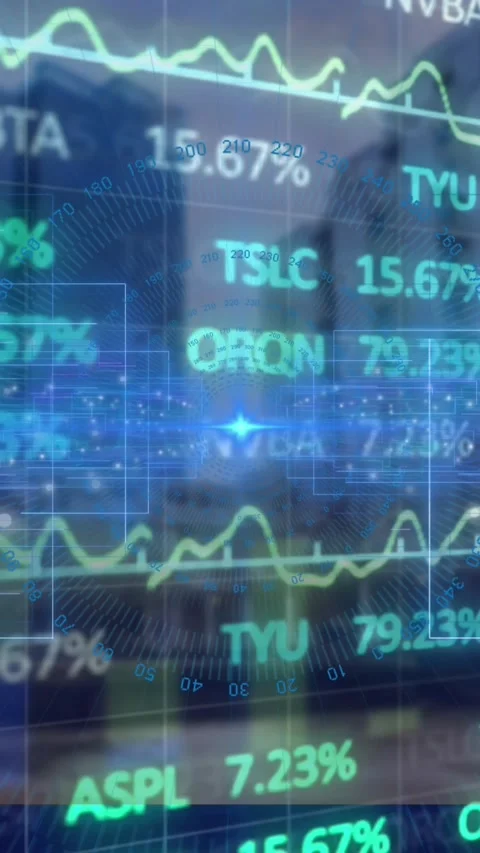 Animation depicts global data processing and finance with binary codes and city Stock Footage 321853121