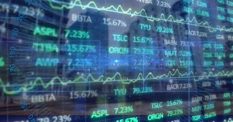 Animation depicts global data processing and finance with binary codes and city Stock Footage 328005277