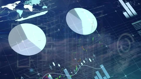 Animation depicts a global network over a 3D city with statistics moving on a Vídeos de archivo 330478838