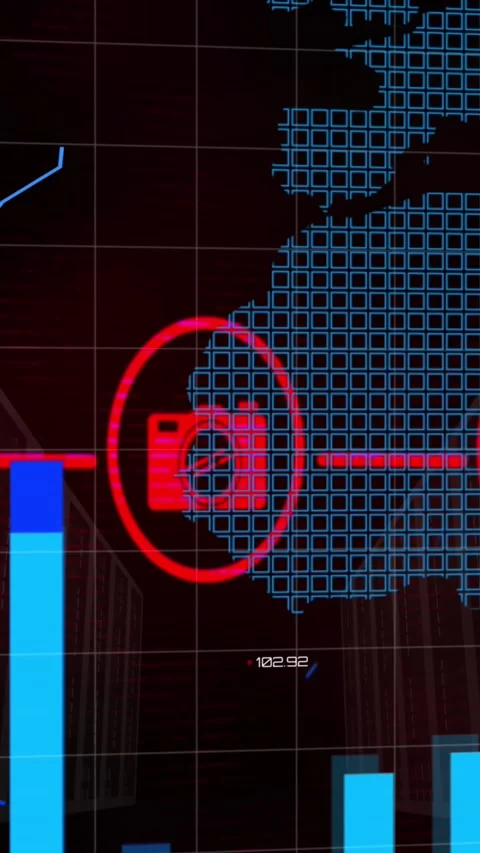 Animation depicts global networking and online security with icons and stats. Stock Footage 321788379