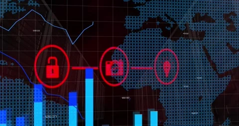 Animation depicts global networking and online security with icons and stats. Stock Footage 328934411