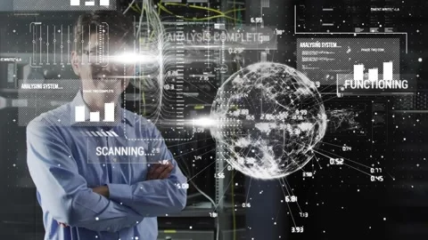 Animation depicts a smiling IT engineer with a globe, highlighting cloud Stockbeeldmateriaal 326757125