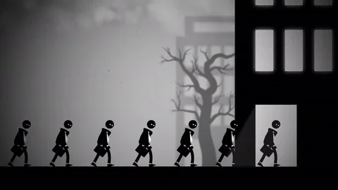Animation of depressed white-collar workers marching to their daily office jobs. Stock Footage 77443029