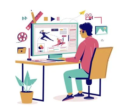 Animation designer at computer with video motion design on screen Illustrazione stock