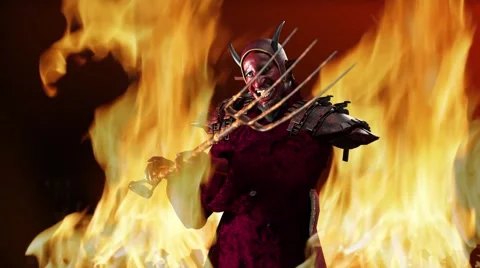 Animation devil with a pitchfork in his hand against the flames of fire Stock Footage 50233865