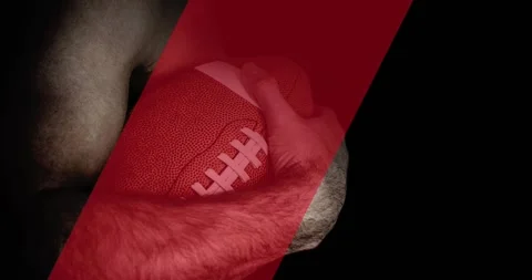 Animation of diagonal red stripe moving over male arm holding american football, 動画素材 329491849