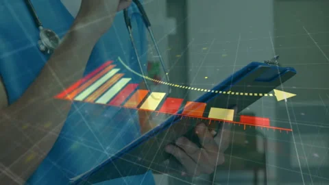 Animation of diagram and data processing over caucasian female doctor writing on Stock Footage 310220628