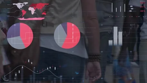 Animation of diagram, data processing, stock market and world map over people Stock Footage 329414883