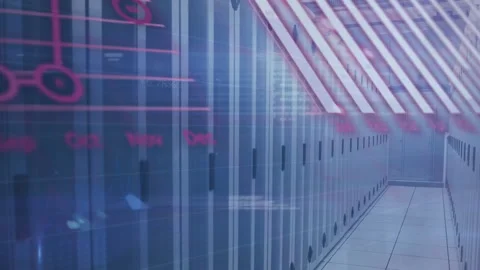 Animation of diagrams and data processing over server room Stock Footage 266177518