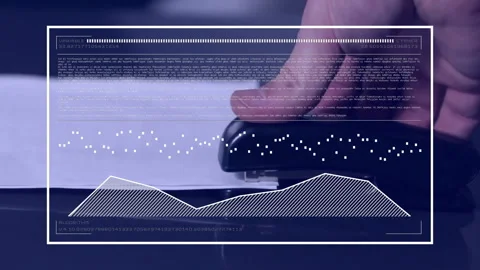 Animation of diagrams and data processing over caucasian man using stapler Stock Footage 309902895