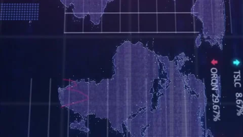Animation of diagrams and data processing over world map and stock market Stock-Footage 313320863
