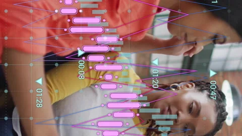 Animation of diagrams and data processing over diverse female colleagues Stock Footage 313378513