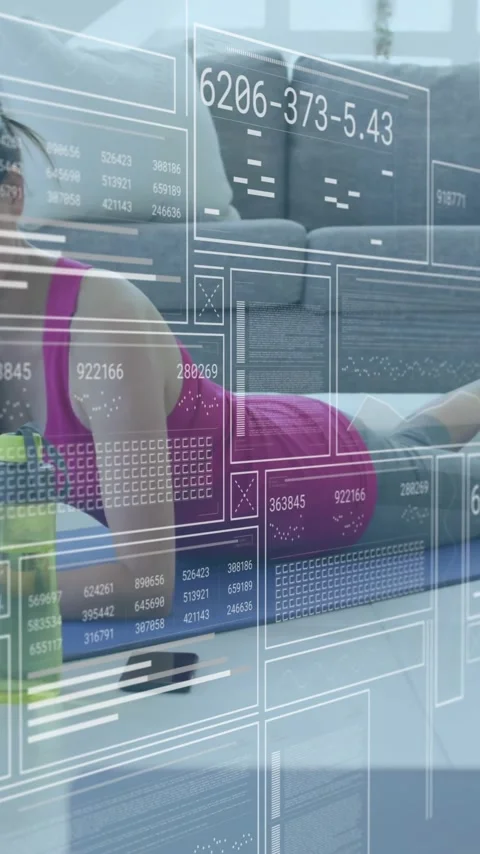 Animation of diagrams and data processing over asian woman exercising at home Stock Footage 320280045