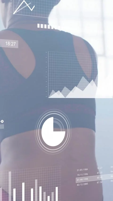 Animation of diagrams and data processing over woman exercising at gym Stock Footage 320589938