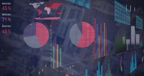 Animation of diagrams and data processing over world map and cityscape Stock Footage 329920586
