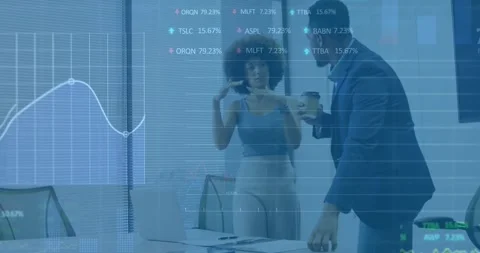 Animation of diagrams and data processing over diverse colleagues discussing Stock Footage 330058867