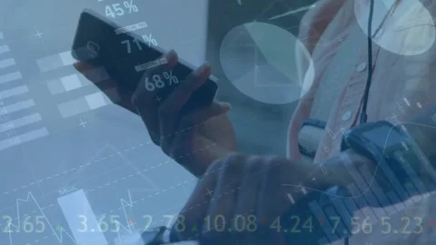 Animation of diagrams and data processing over man using smartphone Stock Footage 330061892