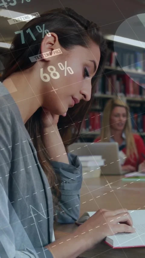 Animation of diagrams and data processing over female student reading Vídeos de archivo 341660044