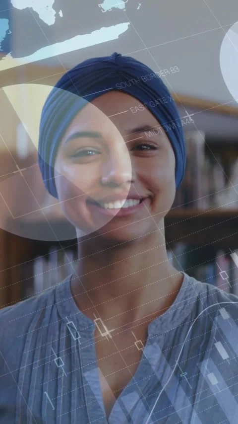 Animation of diagrams and data processing over female student smiling Vídeos de archivo 341660045