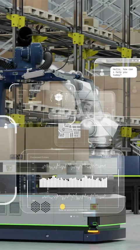 Animation of diagrams and data processing over machines working in warehouse Stock Footage 341956762