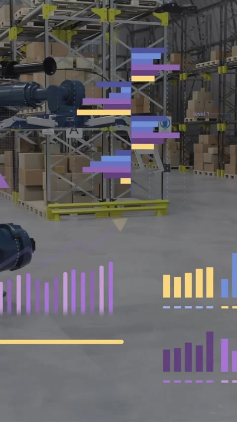 Animation of diagrams and data processing over machines working in warehouse Stock Footage 341976921