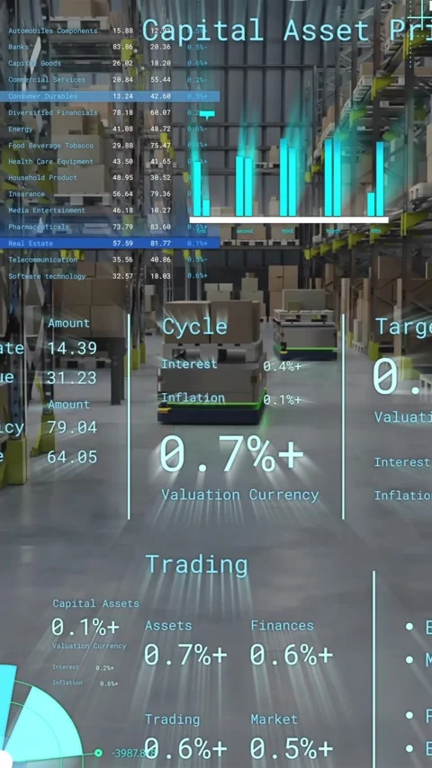 Animation of diagrams and data processing over machines working in warehouse Stock Footage 341976924
