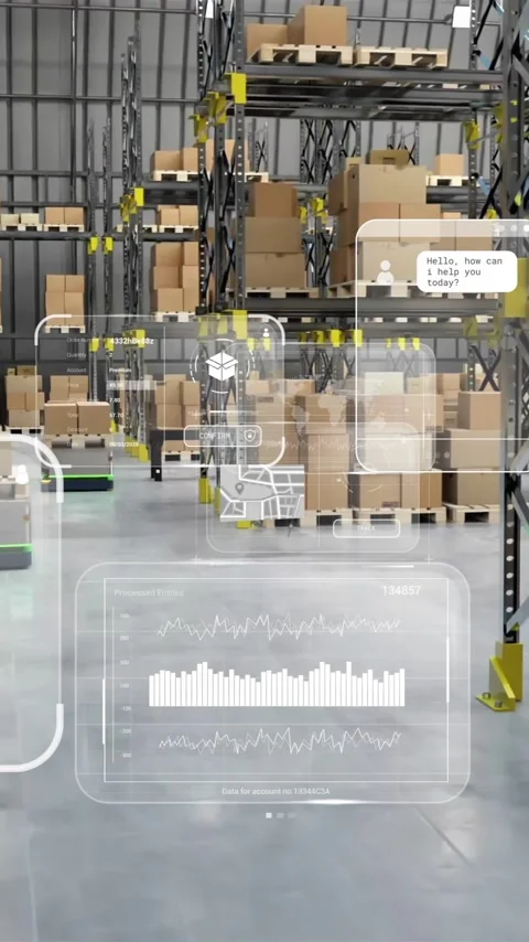 Animation of diagrams and data processing over machines working in warehouse Stock Footage 342003129