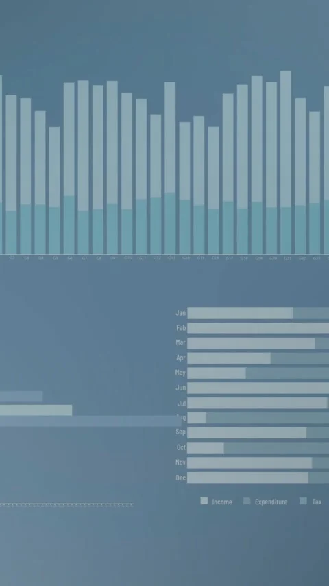 Animation of diagrams and data processing over blue background Vidéo 342707926