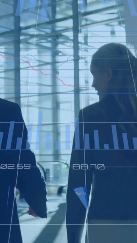 Animation of diagrams and data processing over diverse colleagues walking Stock Footage 342806088