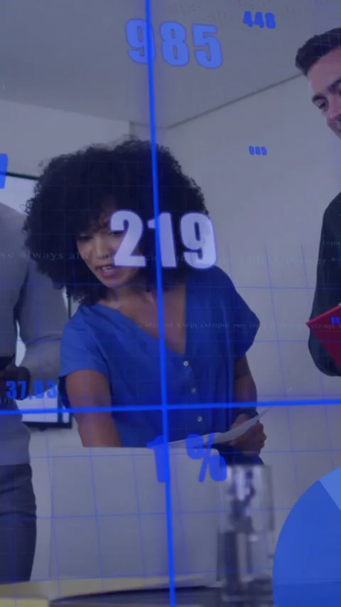 Animation of diagrams and data processing over diverse colleagues discussing Stock Footage 342806098