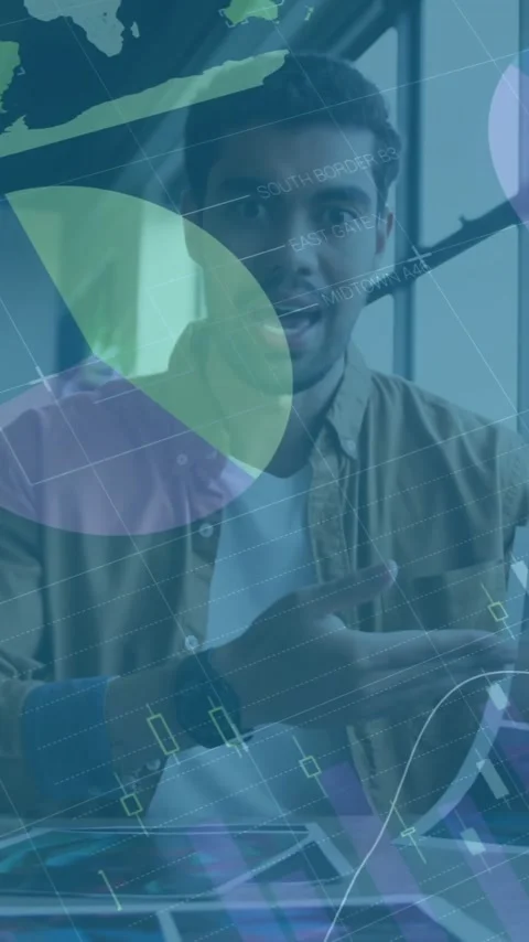 Animation of diagrams and data processing over businessman having video call Stock Footage 342806101
