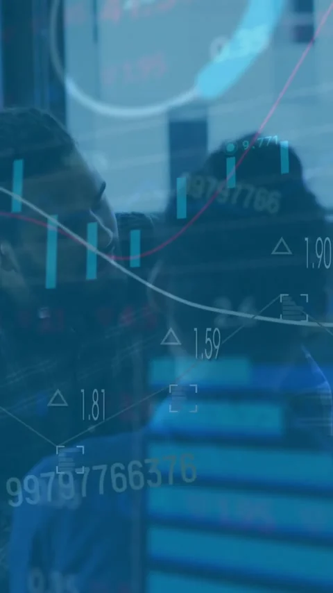 Animation of diagrams and data processing over diverse colleagues talking in Stock Footage 344244242