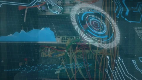 Animation of diagrams and scope scanning over server room Stock Footage 266177535