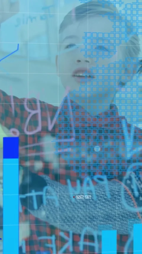 Animation of diagrams and world map over diverse boys discussing work in office Stock Footage 342812610