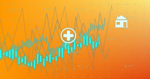Animation of diagrams over data processing on orange background Video stock 308688142