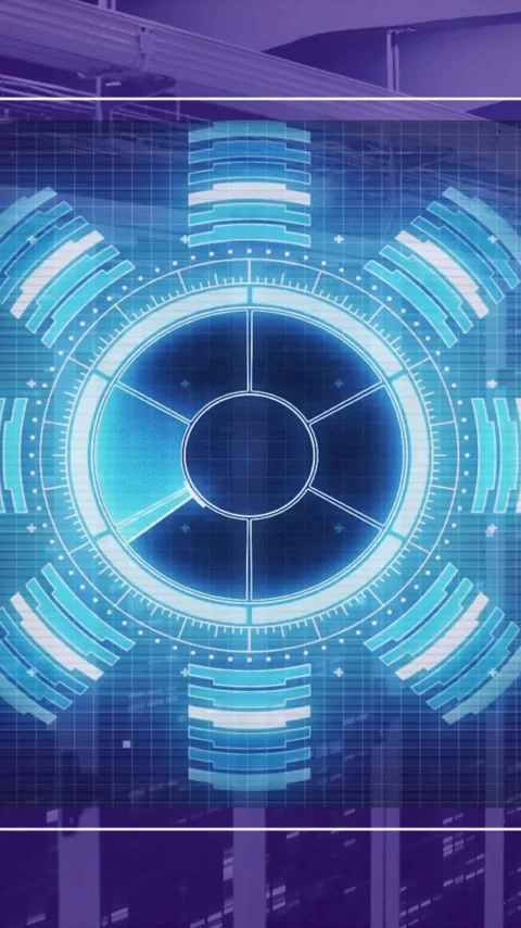 Animation of diagrams, scope scanning and data processing over server room Stock Footage 342812676