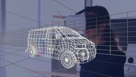Animation of digital 3d drawing of car over woman using vr headset Stock Footage 330734875
