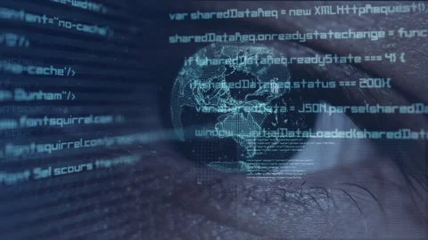 Animation  digital art data processing and scope scanning over eye 4K Stock Footage 261828852