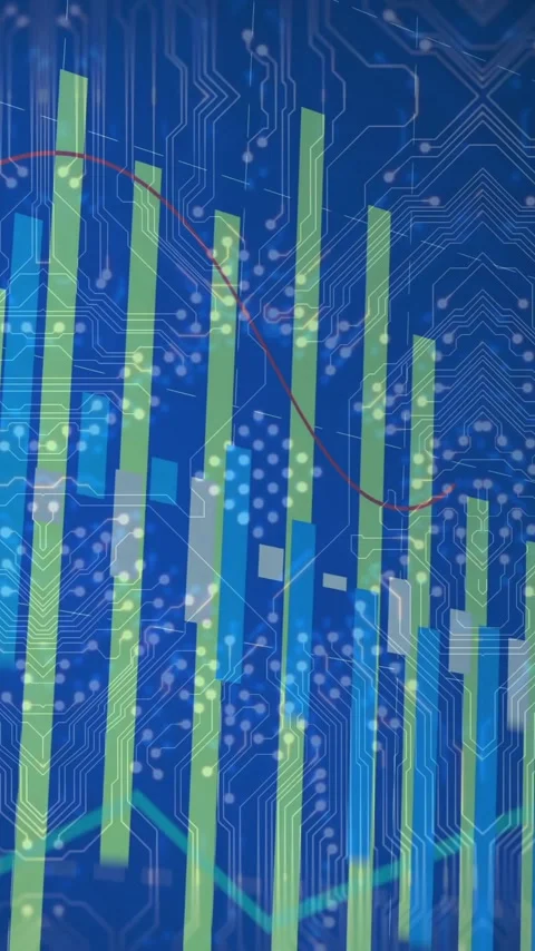 Animation of digital bar graphs and circuit patterns showing data analysis Stock Footage 319811709