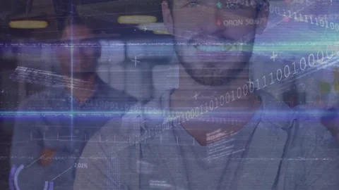 Animation of digital binary and programming data moving over smiling male Stock Footage 329510984