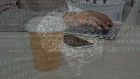 Animation of digital brain and binary code over cropped hands of caucasian Stock Footage 326888634
