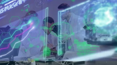 Animation of digital brain and data processing over diverse scientists in lab Video stock 326424101