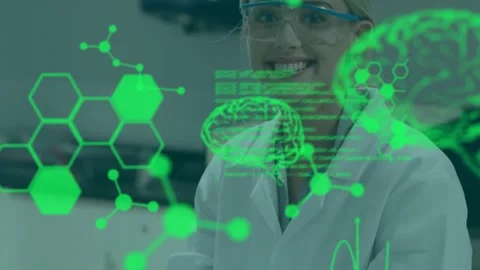 Animation of digital brain and data processing over caucasian female scientist Stock Footage 329924543