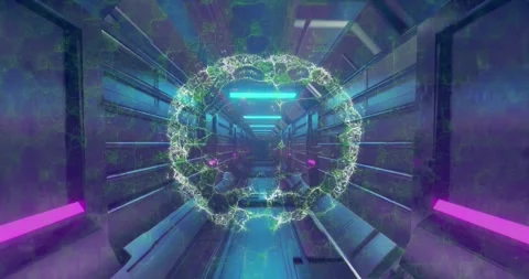 Animation of digital brain and shapes over neon tunnel Stock Footage 327062168