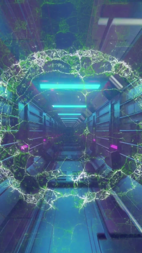 Animation of digital brain and shapes over neon tunnel Stock Footage 343996060