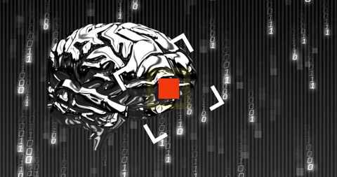 Animation of digital brain with binary code, red square highlighting specific Stock Footage 305730145
