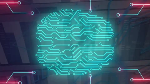 Animation of digital brain, circuit board and data processing over computer Stock Footage 313170663